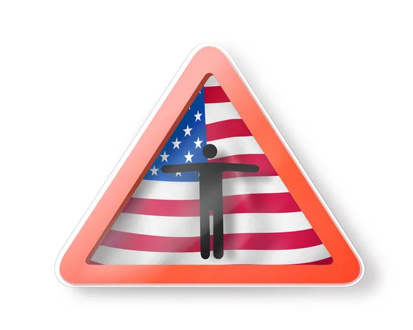 在美国国旗上的白色背景上 禁止印有黑人形象的禁食标志 进入美国的限制 隔离的概念 3D插图 — 图库照片
