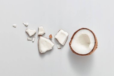 Açık gri arka planda doğal organik doğal hindistan cevizi meyvesi parçaları, yumuşak gölgeler, kopyalama alanı. Vejetaryen konsepti. Üst görünüm.
