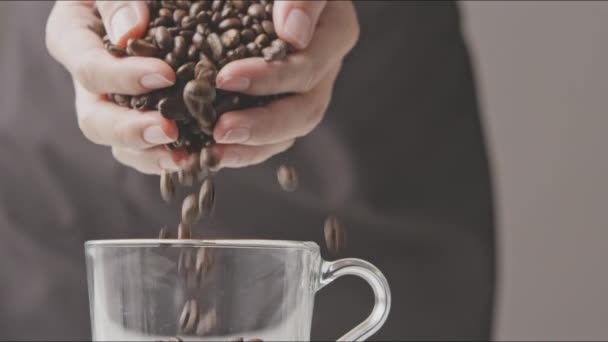 男性的手将香喷喷的咖啡豆倒入杯子 — 图库视频影像