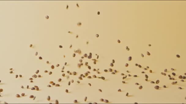 Fragrant Coffee Beans Pouring Yellow Background — Stock Video