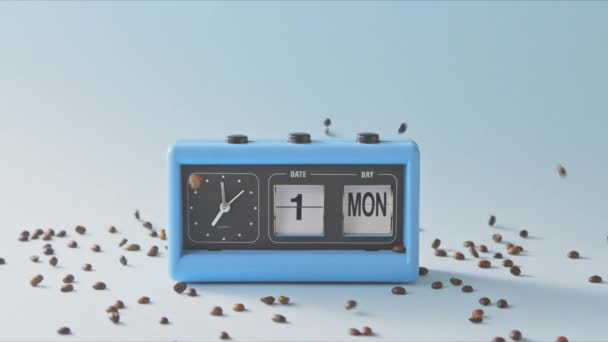 Fragrant Coffee Beans Pouring Vintage Alarm Clock — Stock Video