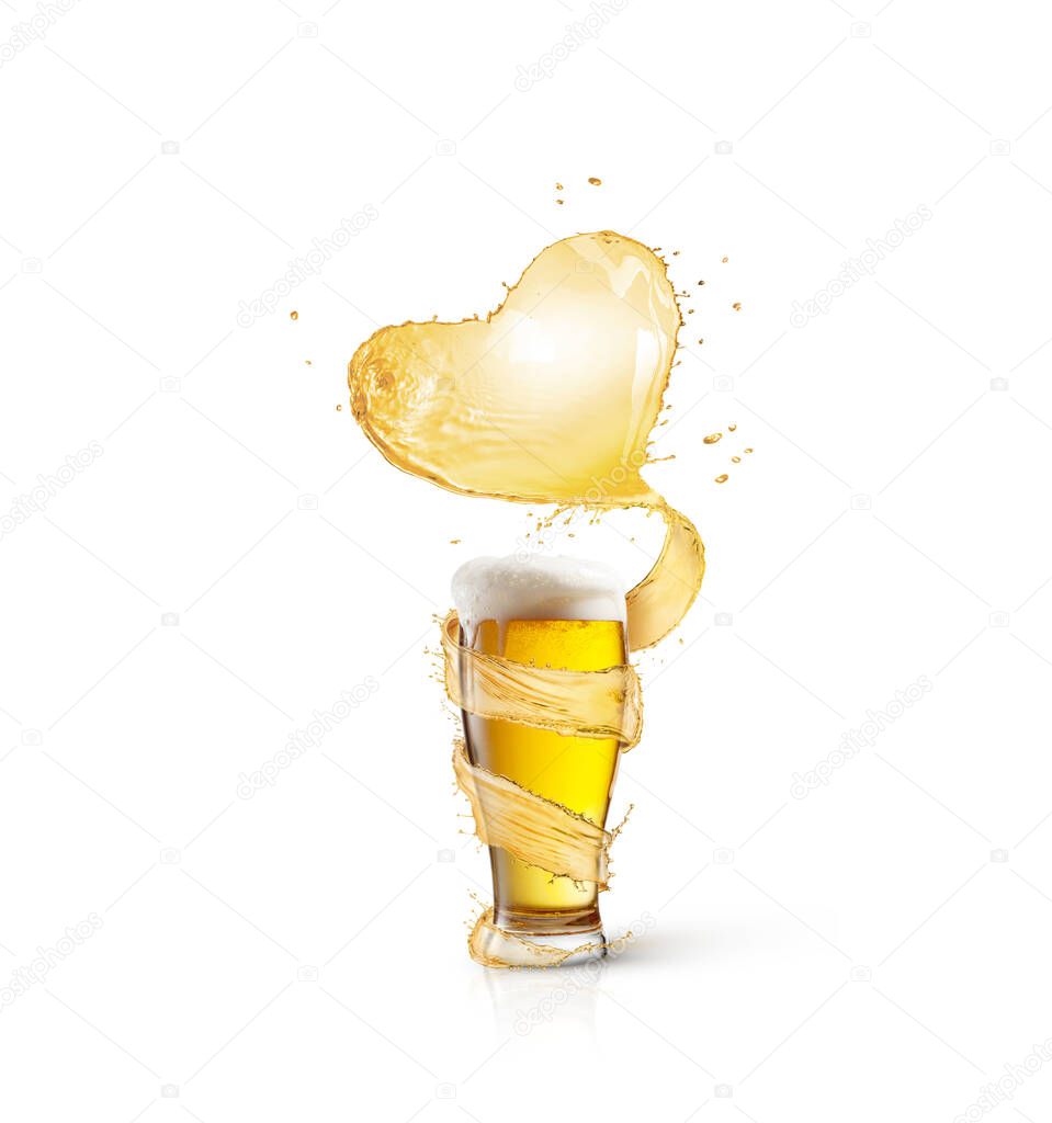 Creative composition from glass mug of fresh light beer with spiral splash around and big heart shape from beer beverage on a white background, copy space.