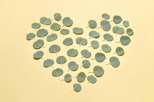 祝贺明信片的心形由新鲜的自然常绿桉树小叶做成 背景为沙黄 复制空间 节日贺卡 — 图库照片