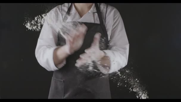 Female Hands Preparing Flour Clapping Hands Kneading Dough — Stock Video