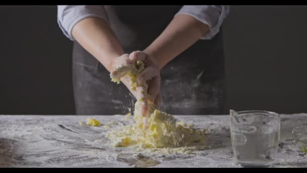 Female Hands Kneading Dough Table — Stock Video