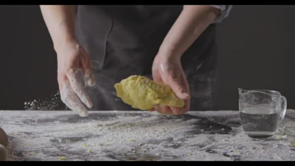 Female Hands Kneading Dough Table — Stock Video