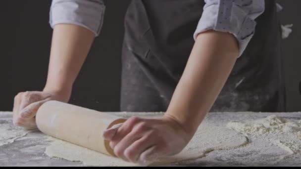 Female Hands Preparing Flour Rolling Pin Kneading Dough — Stock Video