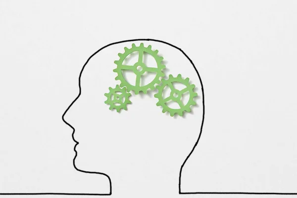 Creative Sketch Drawn Outline Human Head Green Clockwork Working Brain — Stock Photo, Image