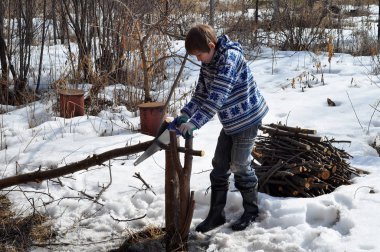 Genç oğlan demir testeresi kuru dallar üzerinde mevsimlik dach testereleri