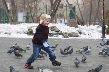 Kış aylarında parktaki güvercinler için küçük çocuk çalışır