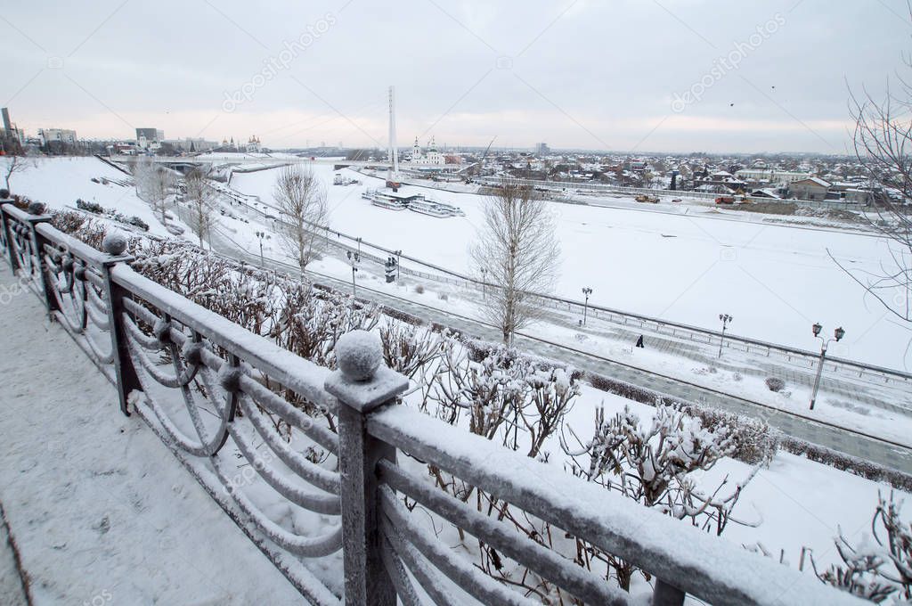 Tyumen, Russia, January 9, 2020: Beautiful view of the snowy emb