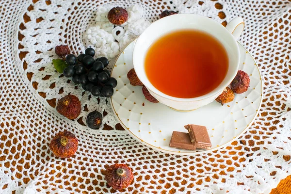 Натюрморт Чашкою Чаю Красивій Серветці — стокове фото
