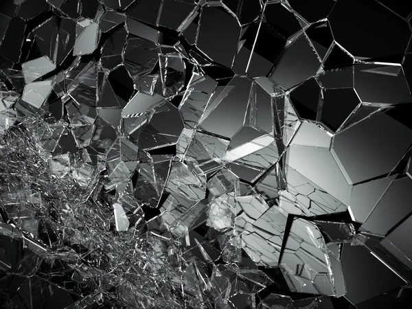 Pieces of destructed Shattered glass on black — Stock Photo, Image