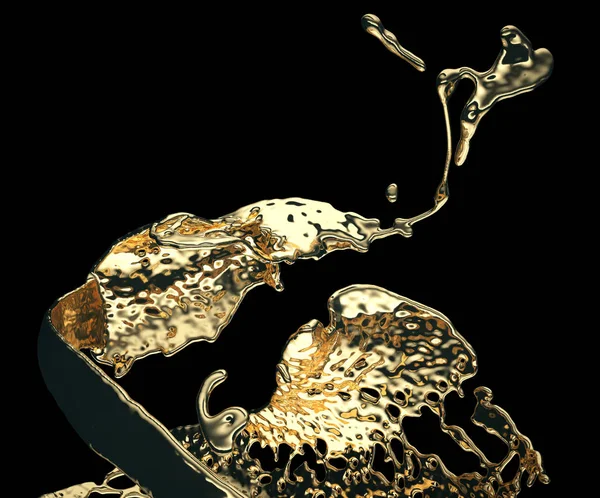 Splatter de ouro ou óleo líquido e salpicos isolados em preto — Fotografia de Stock