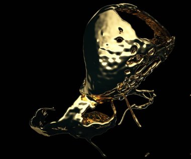 Siyah izole sıvı altın veya yağ sıçraması. 3D render, 3d çizim 