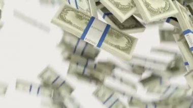 Bize Doları demetleri akan izole beyaz arka plan üzerinde. 3D render, 3d animasyon