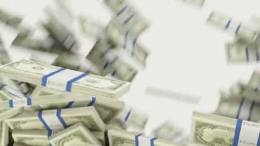Bize Doları demetleri akan izole beyaz arka plan üzerinde. 3D render, 3d animasyon