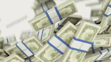 Bize Doları demetleri akan izole beyaz arka plan üzerinde. 3D render, 3d animasyon