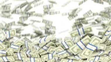Bize Doları demetleri akan izole beyaz arka plan üzerinde. 3D render, 3d animasyon