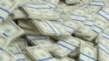 Bize Doları demetleri akan izole beyaz arka plan üzerinde. 3D render, 3d animasyon