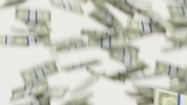 Bize Doları demetleri akan izole beyaz arka plan üzerinde. 3D render, 3d animasyon