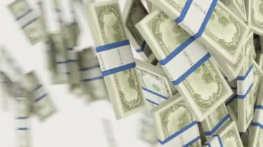 Bize Doları demetleri akan izole beyaz arka plan üzerinde. 3D render, 3d animasyon