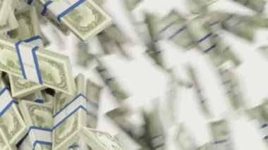 Bize Doları demetleri akan izole beyaz arka plan üzerinde. 3D render, 3d animasyon
