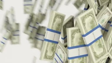 Bize Doları demetleri akan izole beyaz arka plan üzerinde. 3D render, 3d animasyon