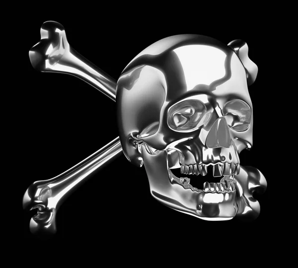 Cráneo Plata Con Huesos Cruzados Totenkopf Aislado Negro Render Ilustración — Foto de Stock