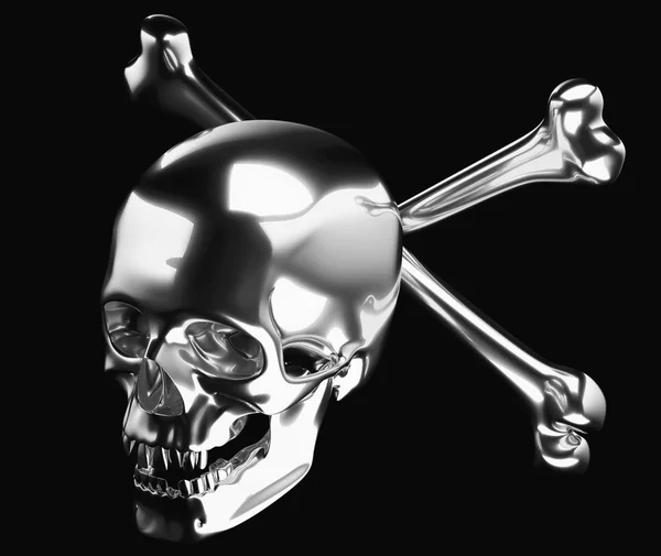 Silver Dödskalle Med Korslagda Ben Eller Totenkopf Isolerad Svart Rendera — Stockfoto