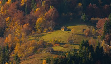 Köy evleri ve sonbahar yaprakları dağlarda.