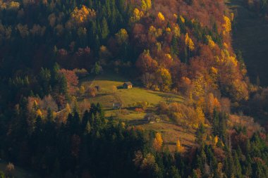 Köy evleri ve sonbahar yaprakları dağlarda.