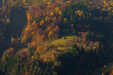 Köy evleri ve sonbahar yaprakları dağlarda.