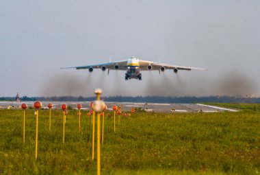Blurred Antonov An-225 Mriya aircraft takes off from the Gostome