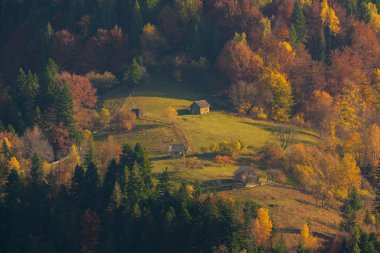 Köy evleri ve sonbahar yaprakları dağlarda.