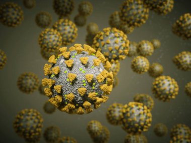 Coronavirus veya Covid-19 hücre salgını virüsü. 3d görüntüleme, 3d illüstrasyon
