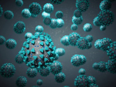 Coronavirus veya Covid-19 hücre salgını virüsü. 3d görüntüleme, 3d illüstrasyon