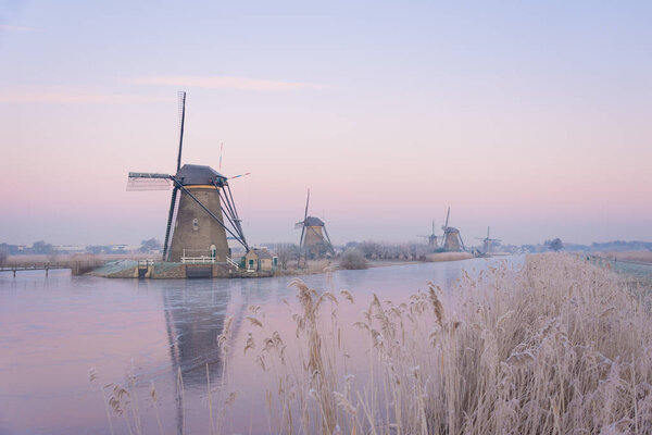 Windmills in the Netherlands in the soft sunrise light in winter