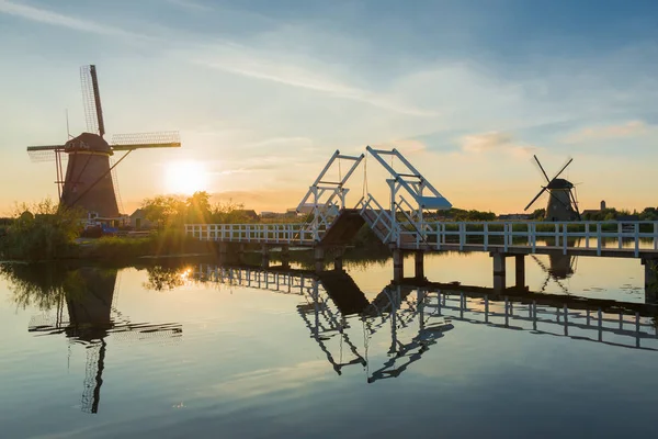 Paisagem de verão com moinhos de vento e ponte nos Países Baixos — Fotografia de Stock