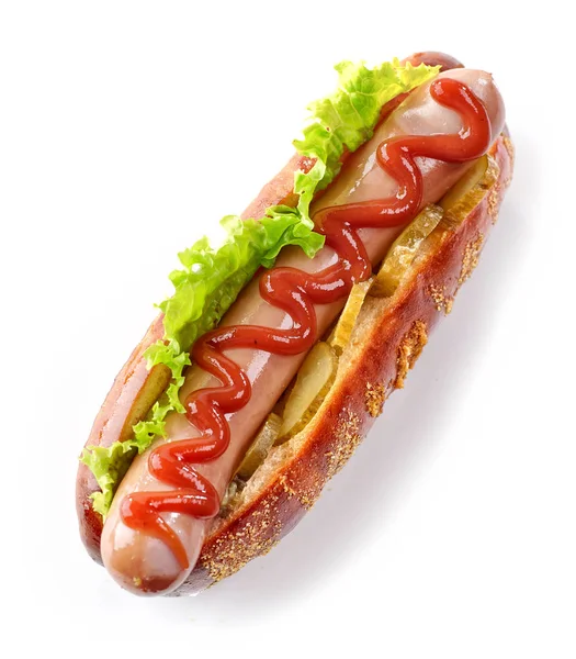 Frischer Hotdog auf weißem Hintergrund — Stockfoto