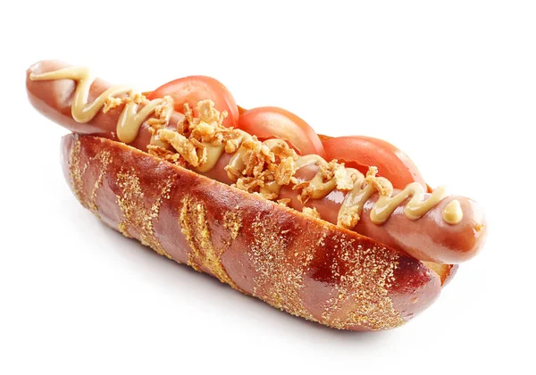 Hotdog fresco con senape e pomodoro — Foto Stock