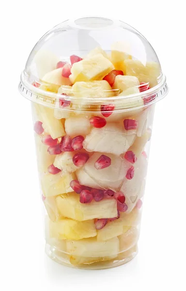 Fresh fruit pieces salad in plastic cup — Stock Photo, Image