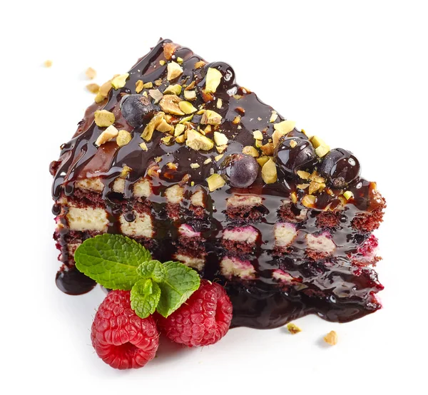Trozo de pastel de chocolate y grosella negra — Foto de Stock