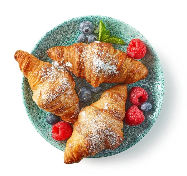 Freshly Baked Croissants Decorated Fresh Berries Isolated White Background Top — Stock Photo, Image