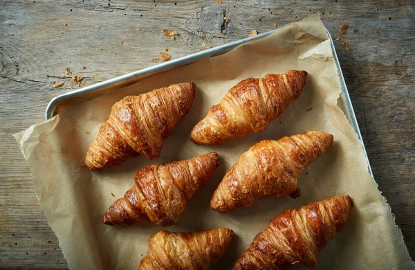 Freshly Baked Croissants Baking Pan Top View — Stock Photo, Image