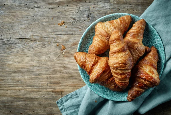 Freshly Baked Croissants Old Wooden Table Top View — Stock Photo, Image