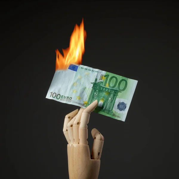 Burning Euro Banknote Black Background — Stock Photo, Image