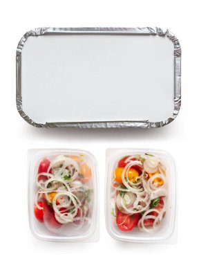 Beyaz arka planda izole edilmiş yiyecek konteynırlarını kaldırın, üst görünüm