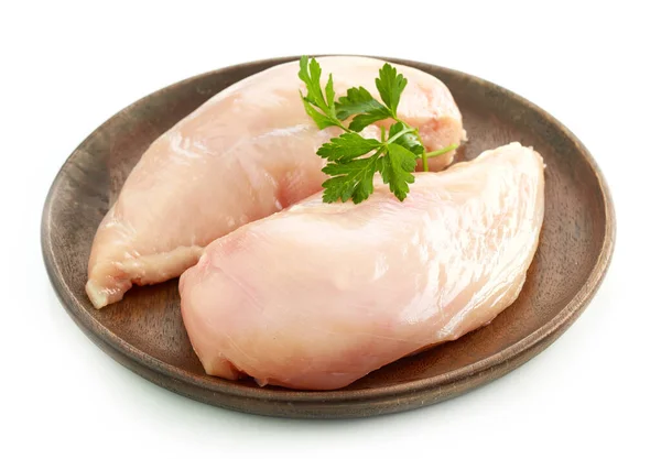 Νωπό Ωμό Κρέας Φιλέτου Κοτόπουλου Ξύλινη Πλάκα Που Απομονώνεται Λευκό — Φωτογραφία Αρχείου