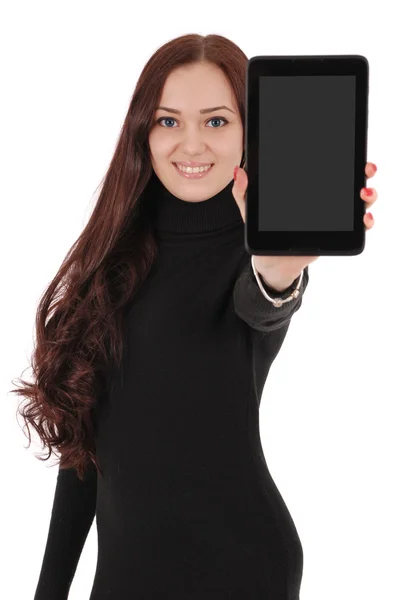 Bir tablet görüntüleme uygulamanıza gösterilen gülümseyen öğrenci genç kız — Stok fotoğraf